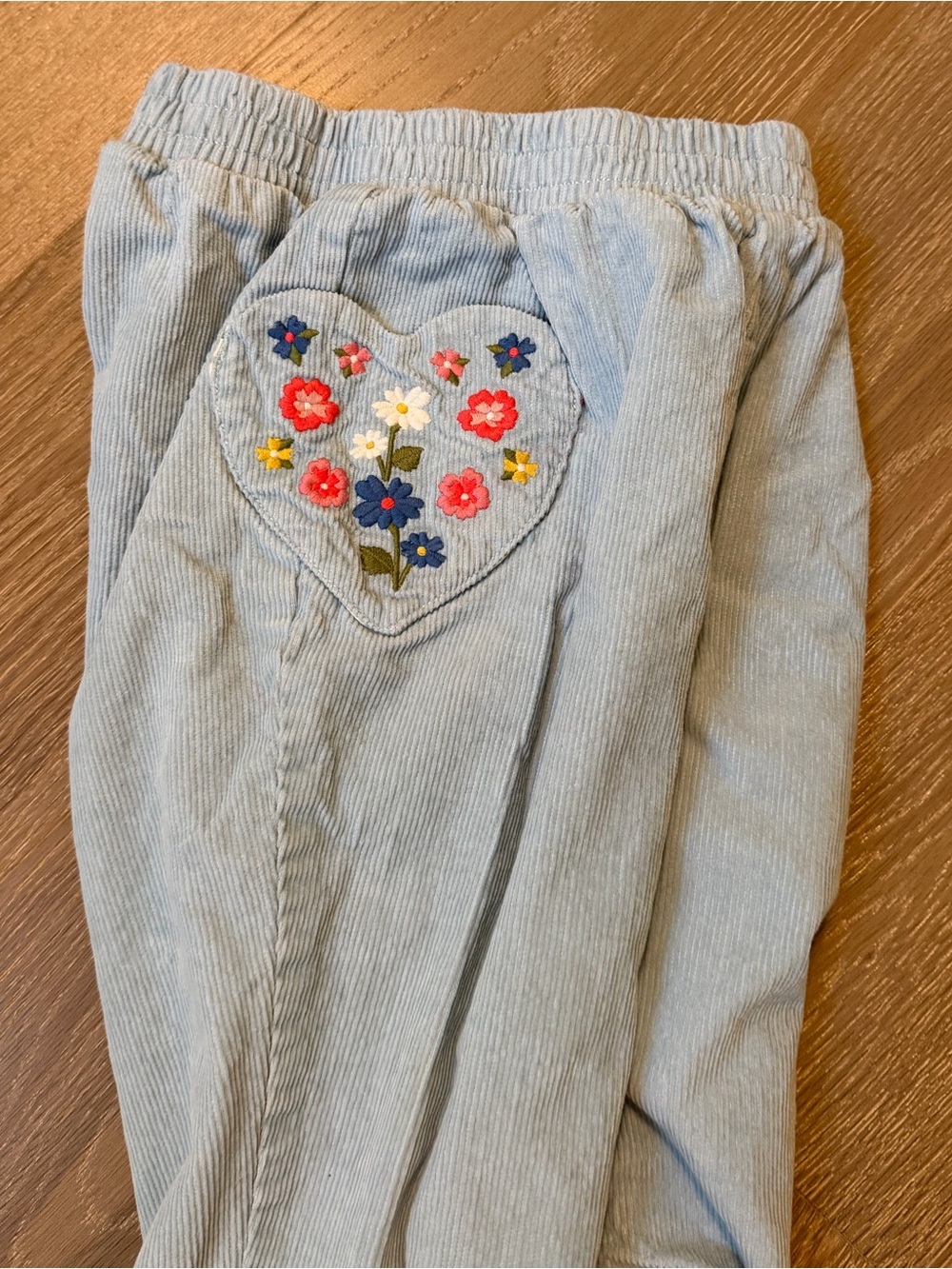 Mini Boden Corduroy Pants with Floral Embroidery on heart pockets
